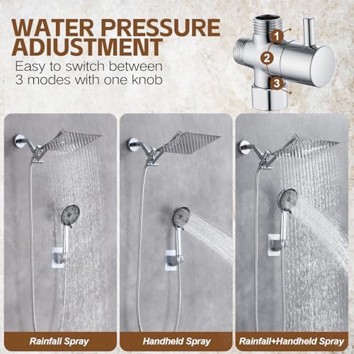 Shower Head,10”Rain Shower Head with Handheld Spray Combo and Adjustable Extension Arm/3-Way Flow Regulator/Shower System,High Pressure Rain Fall Hose,Chrome - Image 3