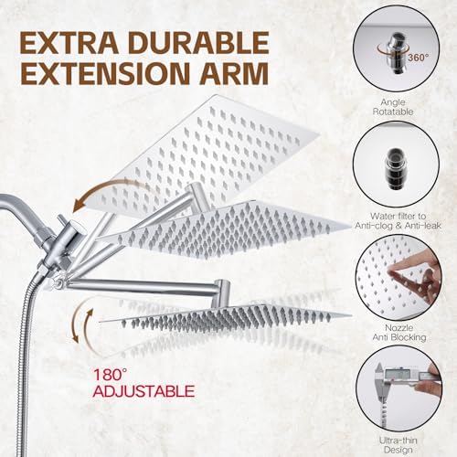 Shower Head,10”Rain Shower Head with Handheld Spray Combo and Adjustable Extension Arm/3-Way Flow Regulator/Shower System,High Pressure Rain Fall Hose,Chrome - Image 4