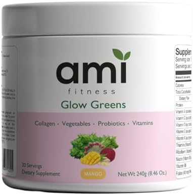 Glow Greens Powder, Collagen with Probiotics, Vitamins, Digestive Enzymes, Superfoods, Gut Health, Bloating Relief, Radiant Skin, Natural Glow, Spirulina, Juice Mix, 30 SVG, Mango