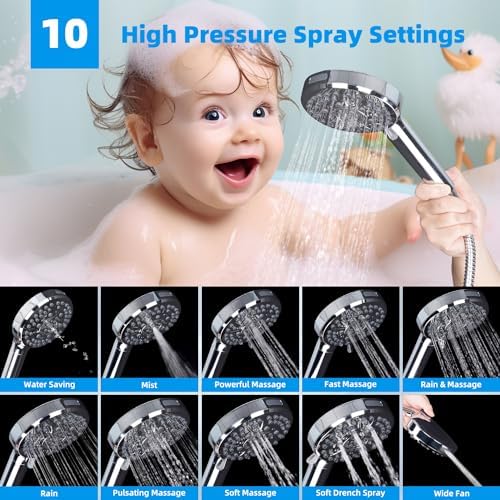 Hibbent All Metal 12'' Dual Filtered Rainfall Shower Head Combo, High Pressure Handheld Shower Head with 12'' Adjustable Curved Extension Arm, 20 Stage Shower Filter, 10-spray, 71'' Hose, Chrome - Image 2