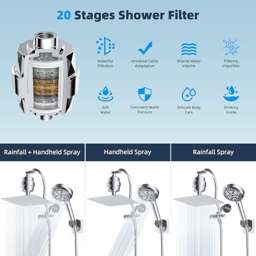 Hibbent All Metal 12'' Dual Filtered Rainfall Shower Head Combo, High Pressure Handheld Shower Head with 12'' Adjustable Curved Extension Arm, 20 Stage Shower Filter, 10-spray, 71'' Hose, Chrome - Image 7
