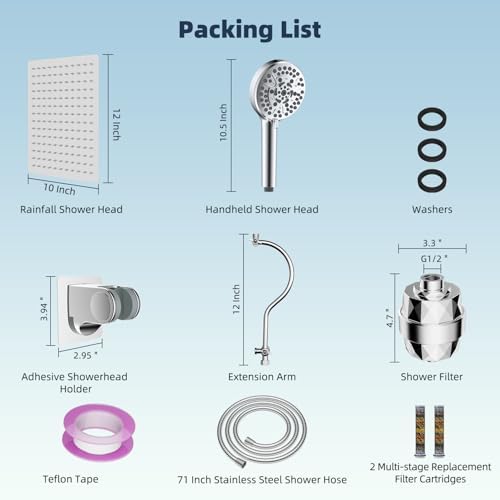 Hibbent All Metal 12'' Dual Filtered Rainfall Shower Head Combo, High Pressure Handheld Shower Head with 12'' Adjustable Curved Extension Arm, 20 Stage Shower Filter, 10-spray, 71'' Hose, Chrome - Image 8