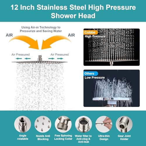 Cobbe 12 Inch All Metal 3-Way Rain Shower Head, High Pressure Shower Head, Dual Shower Heads with Handheld Spray Combo - 9 Spray Filtered Shower Head, Brushed Nickel - Image 7