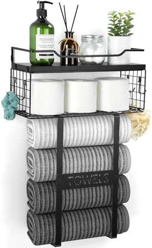 Wall Mounted Towel Rack for Bathroom - Bath Storage Holder Set Above Toilet, Rolled Towel Shelf Organizer, Wood Vertical Rack for Small Bathroom Decor, Black