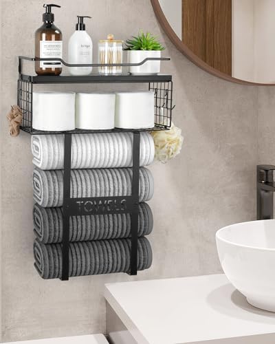 Wall Mounted Towel Rack for Bathroom - Bath Storage Holder Set Above Toilet, Rolled Towel Shelf Organizer, Wood Vertical Rack for Small Bathroom Decor, Black - Image 2