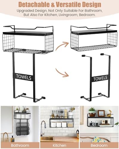 Wall Mounted Towel Rack for Bathroom - Bath Storage Holder Set Above Toilet, Rolled Towel Shelf Organizer, Wood Vertical Rack for Small Bathroom Decor, Black - Image 4