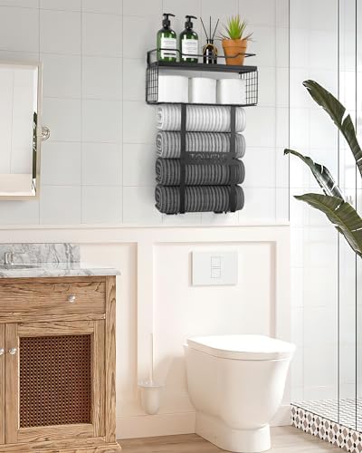 Wall Mounted Towel Rack for Bathroom - Bath Storage Holder Set Above Toilet, Rolled Towel Shelf Organizer, Wood Vertical Rack for Small Bathroom Decor, Black - Image 7