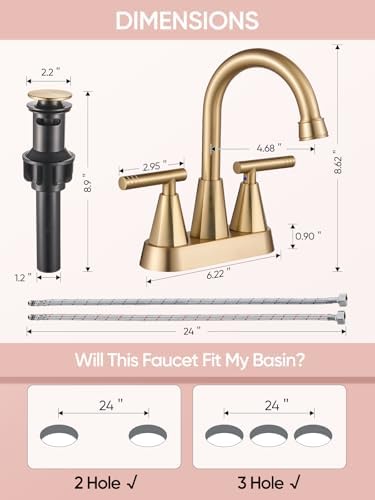 Cobbe Brushed Gold Bathroom Faucets, 4-Inch Bathroom Sink Faucet, 2 Handle Sink Faucet with Pop Up Drain and Water Supply Lines, Gold - Image 4