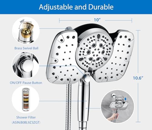 2-in-1 Shower Heads with Handheld 2.5GPM: 10” Rain Shower Head & Hand Held Shower Head, 10 Spray Settings Detachable Shower Head with ON/OFF Switch and 15-Stage Filter - Image 5