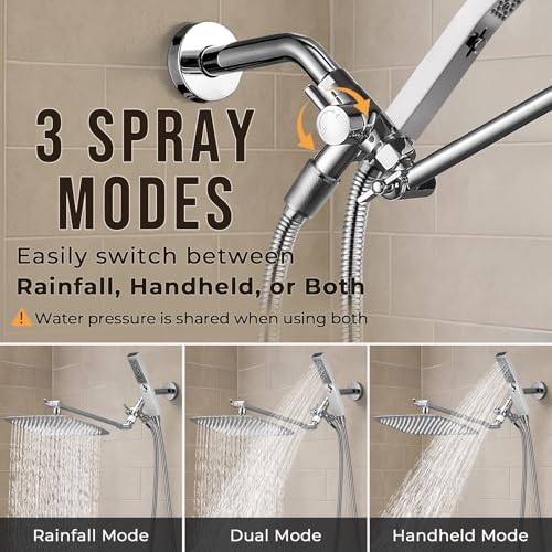 G-Promise All Metal 12 Inch Dual Shower Head with Handheld Combo, Rain Shower Head, Adjustable Extension Arm, Smooth 3-Way Diverter, 71 Inch Extra Long Hose - A Bathroom Upgrade (Chrome) - Image 3