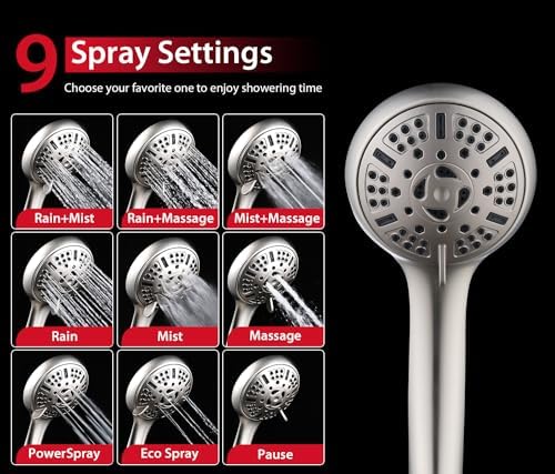 GRICH 2.5GPM Shower Heads with Handheld Spray Combo: 2 in 1 Rain Shower Head with Handheld Spray,Detachable High Pressure Shower Heads, 9 Spray Modes Adjustable Showerhead with 60 Inch Hose, Nickel - Image 4