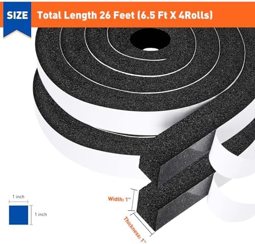 MAGZO Weather Stripping Door Seal 1 Inch W X 1 Inch T X 26 Ft Total Length, Strong Adhesion and High Resilience Air Conditioner Foam Insulation (6.5ft x 4 Rolls) - Image 2