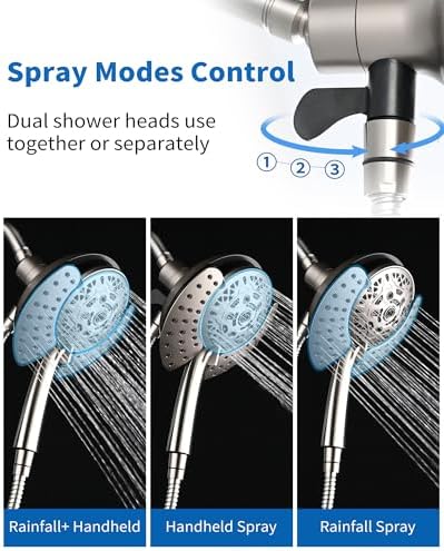 2.5GPM Shower Heads with Handheld Spray Combo: 7.2" Rainfall Shower Head & Hand Held Shower Head 2-IN-1 Shower Head with 60" Rotatable Stainless Steel Hose Nickel, Shower Trim Systems - Image 3