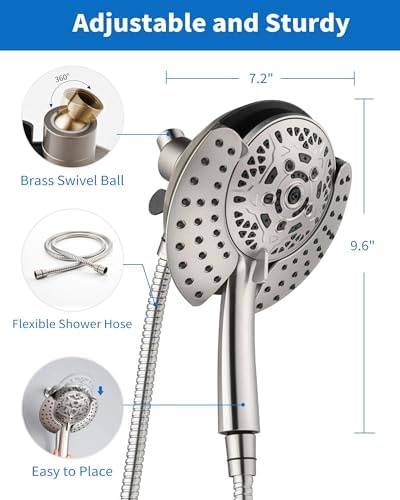 2.5GPM Shower Heads with Handheld Spray Combo: 7.2" Rainfall Shower Head & Hand Held Shower Head 2-IN-1 Shower Head with 60" Rotatable Stainless Steel Hose Nickel, Shower Trim Systems - Image 6