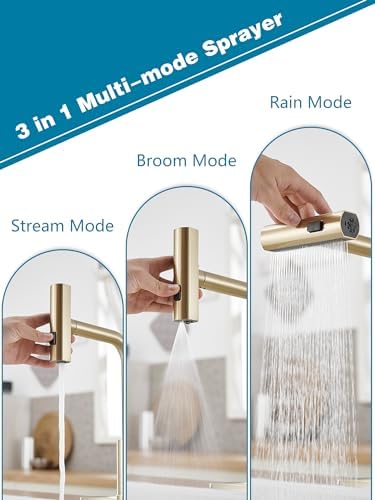 Gold Kitchen Faucets with Pull Down Sprayer,Waterfall Kitchen Sink Faucet,Commercial Utility Stainless Steel Kitchen Faucets,Single Handle Kitchen Sink Faucet with Pull Down Sprayer for 3 Function - Image 2