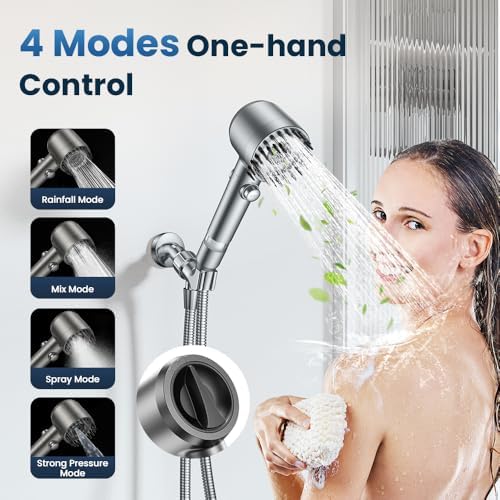 Filtered Shower Head with Handheld,High Pressure Shower Head 4 Spray Modes,ShowerHead with ON/OFF Switch for Pets,Built-in Power Wash to Clean Tub,Shower Heads Combo with Stainless Steel Hose - Image 4