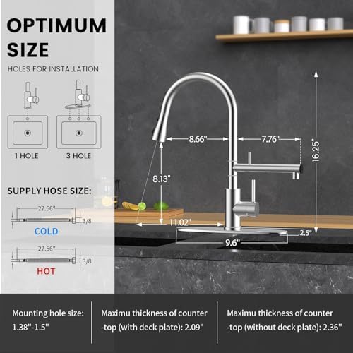 FEELSO Kitchen Faucets, Upgraded Filter Water Kitchen Faucet with Pull Down Sprayer, Brushed Nickel Stainless Steel High Arc 1 Or 3 Hole Kitchen Sink Faucet for Remove Chorine, Harmful Substances - Image 4