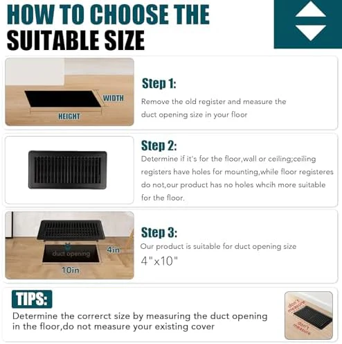 VOISEN Floor Register 4x10, 8 Pack Black Floor Vent Covers, Heavy Duty Steel Walkable Floor Vents,Vent Covers for Home Floor - Image 3