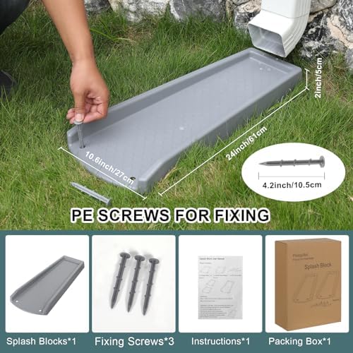 Rain Gutter Downspout Splash Block, Gutter Downspout Extensions for Water Drainage, 24" Gutter Splash Guards Downspout Extender, Fixable Down spout Drain Trays with PE Nails(1 Pack, Gray) - Image 5