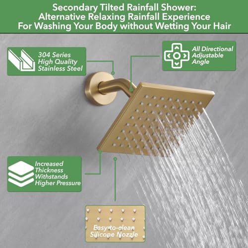 VANFOXLE Shower Faucet Set Brushed Gold Shower System,Push Button Diverter Shower Faucet with 2 in 1 Handheld,Ceiling Mount 10 Inch Shower Head with 6 Inch Wall Mount Shower Head - Image 2