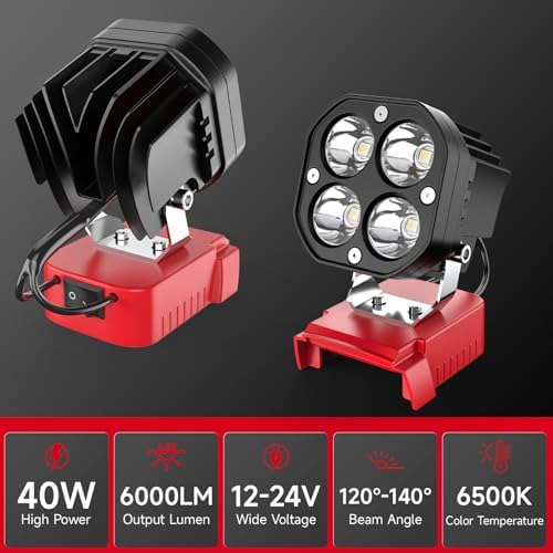 2 Packs LED Work Light Compatible with Milwaukee 18V Battery, 40W 6000LM Flashlight,18V Battery Cordless Work Light 120°Adjustable with Low Voltage Protection for Outdoors Job Site Lighting - Image 3