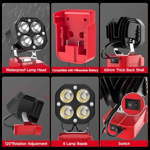 2 Packs LED Work Light Compatible with Milwaukee 18V Battery, 40W 6000LM Flashlight,18V Battery Cordless Work Light 120°Adjustable with Low Voltage Protection for Outdoors Job Site Lighting - Image 4
