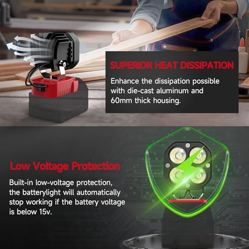 2 Packs LED Work Light Compatible with Milwaukee 18V Battery, 40W 6000LM Flashlight,18V Battery Cordless Work Light 120°Adjustable with Low Voltage Protection for Outdoors Job Site Lighting - Image 5