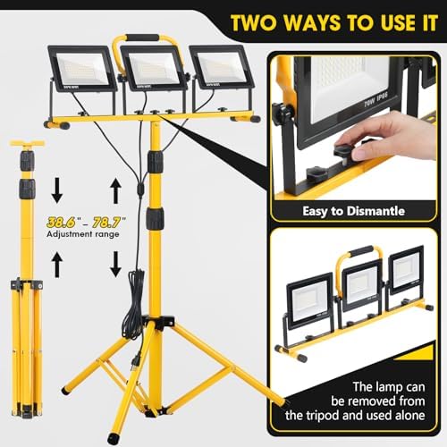 21000Lumen LED Work Lights with Stand - 3 Head Portable Work Light with 16FT Cord - IP66 Waterproof Tripod Worklights for Outdoor Indoor Job Site Workshop Garage Construction Site Lighting - Image 2