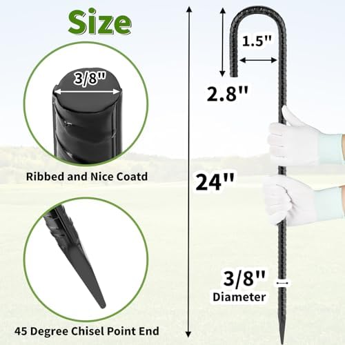 24 inches J Hook Rebar Stakes (16-Pack), Extra Long Garden Stakes with Chisel Point End Steel Rebar Ground Stakes for Tent Chain Link Fence and Outdoor Decorations Black Coated - Image 2