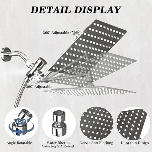 Shower Head, Rain Shower Head with Handheld Spray Combo, 10 Inch Adjustable High Pressure Rainfall Shower Head, Dual Showerhead Set with Extension Arm and 60 Inch Long Shower Hose (Silver) - Image 5