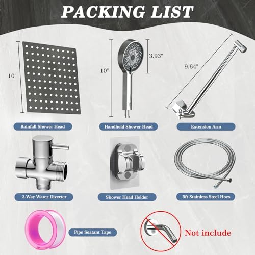 Shower Head, Rain Shower Head with Handheld Spray Combo, 10 Inch Adjustable High Pressure Rainfall Shower Head, Dual Showerhead Set with Extension Arm and 60 Inch Long Shower Hose (Silver) - Image 7
