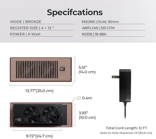 Quiet Register Booster Fan Fits 4" x 12" Register Holes, 10-Speed Smart Heating Cooling AC Vent Fan with Remote Control and Thermostat Control - Bronze - Image 6