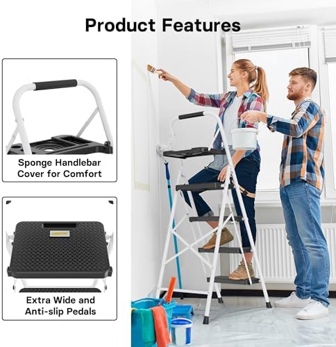 BONTEC 4-Step Ladder, 400lbs Max Load, Folding Step Stool with Tool Tray, Anti-Slip Pedals, Sturdy Steel, Lightweight Portable Ladder with Handrail for Home & Work Use, White - Image 4
