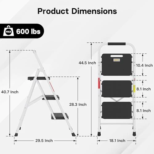 BONTEC 3-Step Ladder, Folding Step Stool, 600lbs Max Load Capacity, Sturdy Steel, Non-Slip Pedals, Lightweight, Portable Steel Ladder with Convenient Handrail, Safety Design for Home & Work, White - Image 2