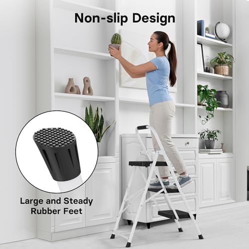 BONTEC 3-Step Ladder, Folding Step Stool, 600lbs Max Load Capacity, Sturdy Steel, Non-Slip Pedals, Lightweight, Portable Steel Ladder with Convenient Handrail, Safety Design for Home & Work, White - Image 3