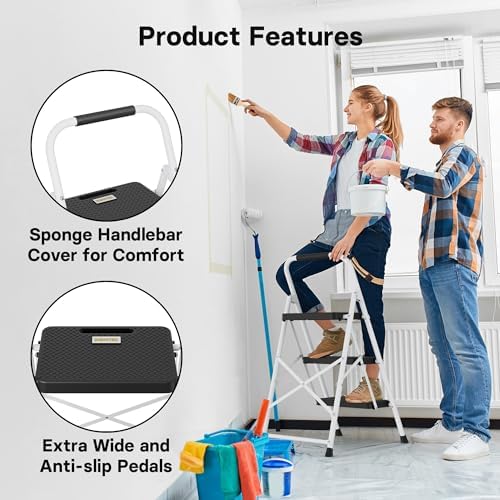 BONTEC 3-Step Ladder, Folding Step Stool, 600lbs Max Load Capacity, Sturdy Steel, Non-Slip Pedals, Lightweight, Portable Steel Ladder with Convenient Handrail, Safety Design for Home & Work, White - Image 4