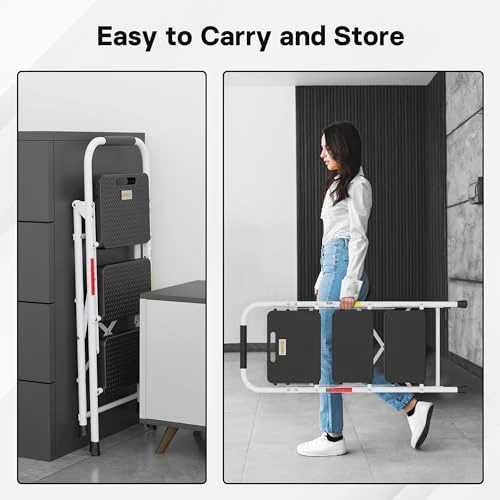 BONTEC 3-Step Ladder, Folding Step Stool, 600lbs Max Load Capacity, Sturdy Steel, Non-Slip Pedals, Lightweight, Portable Steel Ladder with Convenient Handrail, Safety Design for Home & Work, White - Image 7