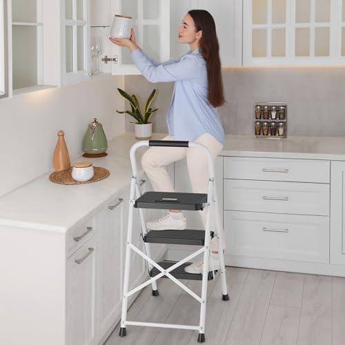 BONTEC 3-Step Ladder, Folding Step Stool, 600lbs Max Load Capacity, Sturdy Steel, Non-Slip Pedals, Lightweight, Portable Steel Ladder with Convenient Handrail, Safety Design for Home & Work, White - Image 8