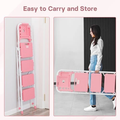 BONTEC 4-Step Ladder, 400lbs Max Load, Folding Step Stool with Tool Tray, Anti-Slip Pedals, Sturdy Steel, Lightweight Portable Ladder with Handrail for Home & Work Use, Pink - Image 7