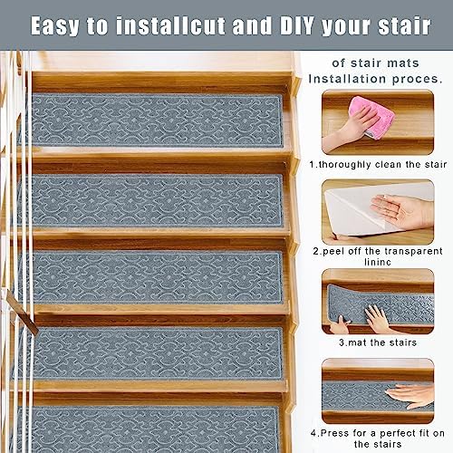 15Pcs Stair Treads for Wooden Steps Indoor with Self Adhesive, 8"x30" Non Slip Stair Runners-Peel & Stick Indoor Stair Carpet Runner, Resistant Indoor Runner for Kids、Elders and Pets, Light Gray - Image 3