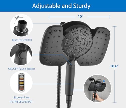 Black Shower Heads with Handheld Spray Combo 2.5GPM: 10” Rainfall Shower Head & Detachable Shower Head, 10 Spray Settings Handheld Shower Head with ON/OFF Switch and 15-Stage Filter - Image 5