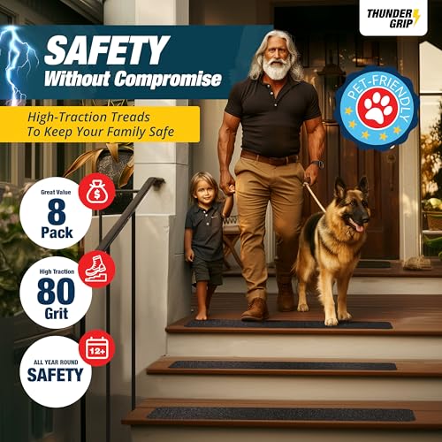 Outdoor Stair Treads Non Slip 24" x 4" - 8-Pack Weather Resistant Exterior Grip Tape for Wooden Steps - Non Slip Stair Treads - Anti Skid Strips - Waterproof 80-Grit Adhesive Treads by Thunder Grip - Image 2