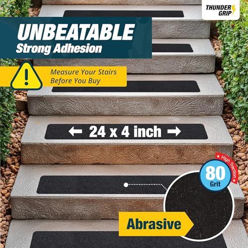 Outdoor Stair Treads Non Slip 24" x 4" - 8-Pack Weather Resistant Exterior Grip Tape for Wooden Steps - Non Slip Stair Treads - Anti Skid Strips - Waterproof 80-Grit Adhesive Treads by Thunder Grip - Image 3