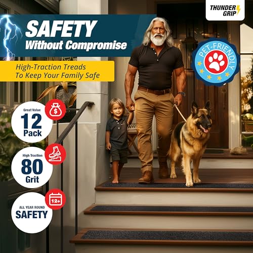 Outdoor Stair Treads Non Slip 30" x 6" - 12-Pack Weather Resistant Exterior Grip Tape for Wooden Steps - Non Slip Stair Treads - Anti Skid Strips - Waterproof 80-Grit Adhesive Treads by Thunder Grip - Image 2
