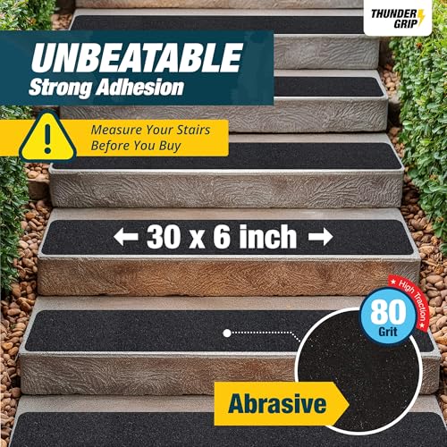 Outdoor Stair Treads Non Slip 30" x 6" - 12-Pack Weather Resistant Exterior Grip Tape for Wooden Steps - Non Slip Stair Treads - Anti Skid Strips - Waterproof 80-Grit Adhesive Treads by Thunder Grip - Image 3