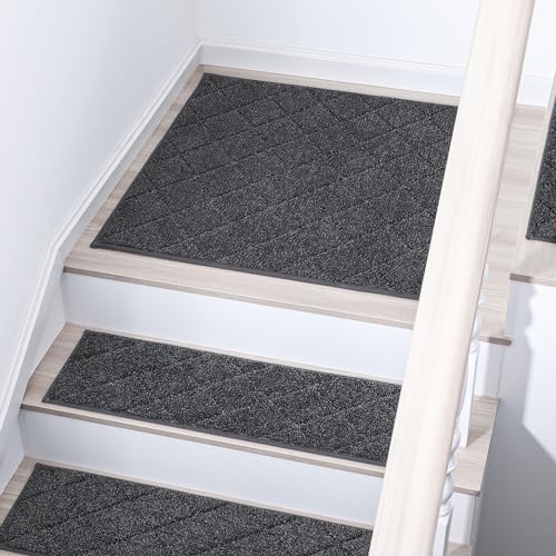 COSY HOMEER Edging Stair Treads Non-Slip Corner Indoor Stair Runners for Wooden Steps,Landing Slip Resistant Stair Rugs Mat for Kids and Dogs,100% Polyester TPE Backing,Black,30x30 inch - Image 2