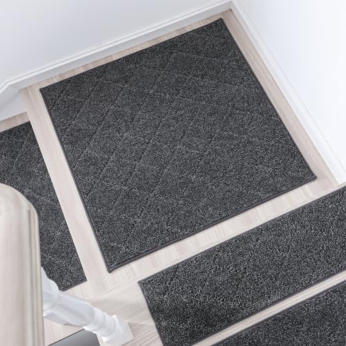 COSY HOMEER Edging Stair Treads Non-Slip Corner Indoor Stair Runners for Wooden Steps,Landing Slip Resistant Stair Rugs Mat for Kids and Dogs,100% Polyester TPE Backing,Black,30x30 inch - Image 8