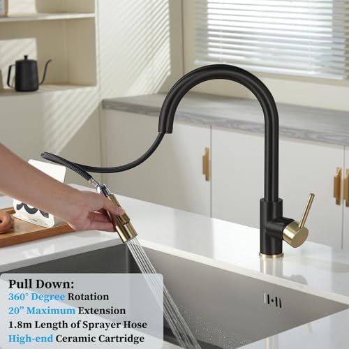 Havin Gold and Black Kitchen Faucet with Pull Down Sprayer, High Arc Stainless Steel Material, with cUPC Ceramic Cartridge,Without Deck Plate,Fit for 1 Hole Kitchen Sink or Laundry Sink - Image 3