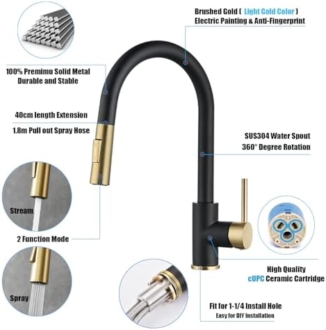 Havin Gold and Black Kitchen Faucet with Pull Down Sprayer, High Arc Stainless Steel Material, with cUPC Ceramic Cartridge,Without Deck Plate,Fit for 1 Hole Kitchen Sink or Laundry Sink - Image 4