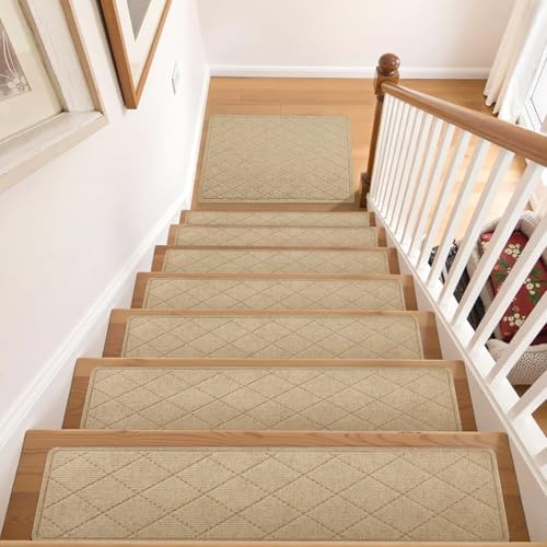 Stair Treads Non Slip Landing Rug for Wooden Steps Indoor, Peel and Stick Stair Treads Matching-Mat 20"X32" Landing Slip Resistant Stair Rugs for Kids and Dogs, Polyester Stair Landing Mat, Beige - Image 2